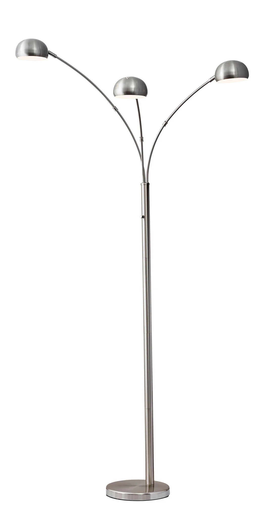 Three-arm floor lamp with silver finish on a white background