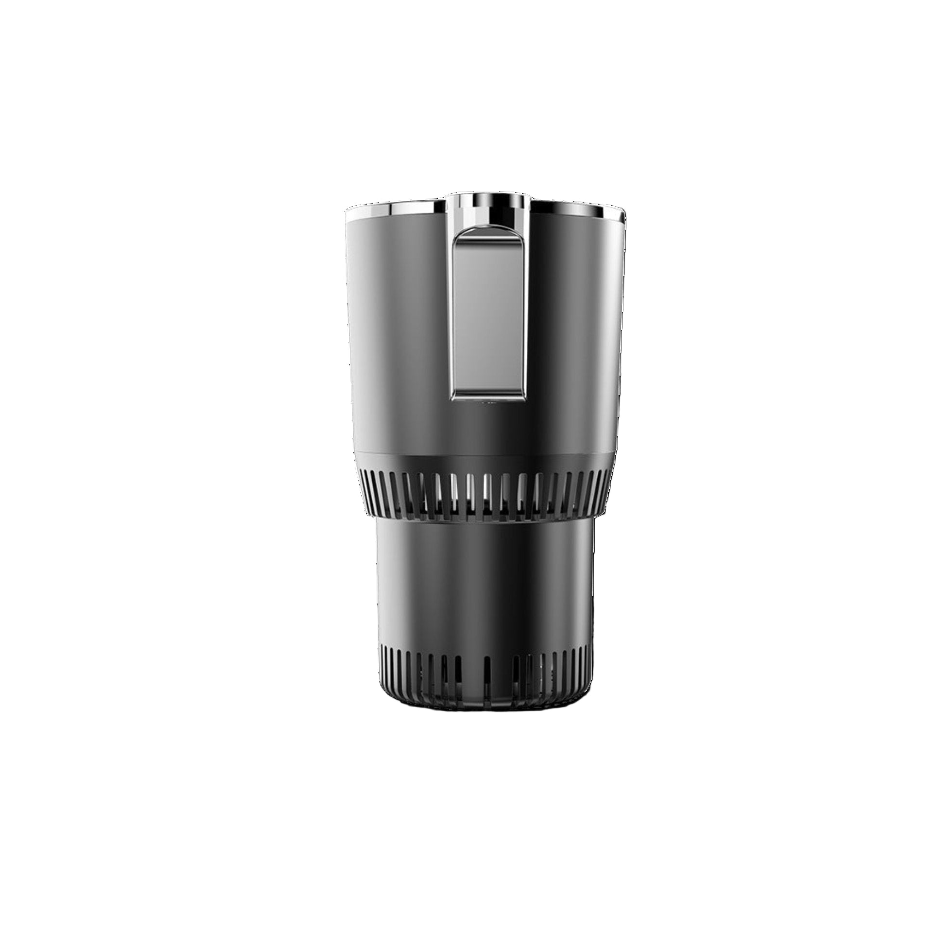 Black and silver cylindrical device on a white background