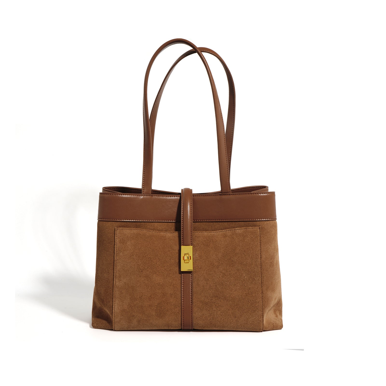 Brown handbag with a gold clasp on a white background
