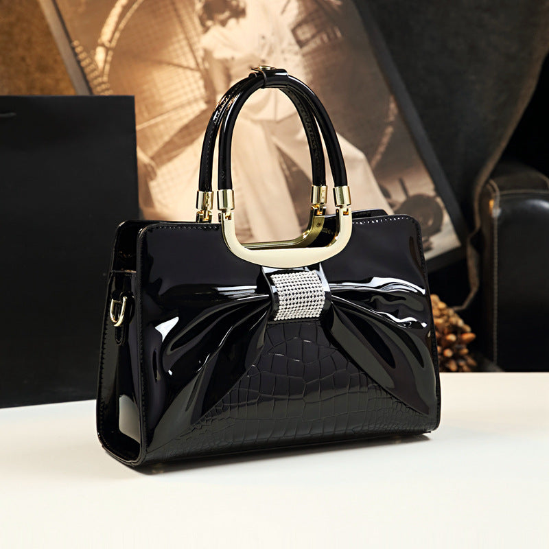 Elegant Bow Charm Glossy Tote – Premium PU Satchel