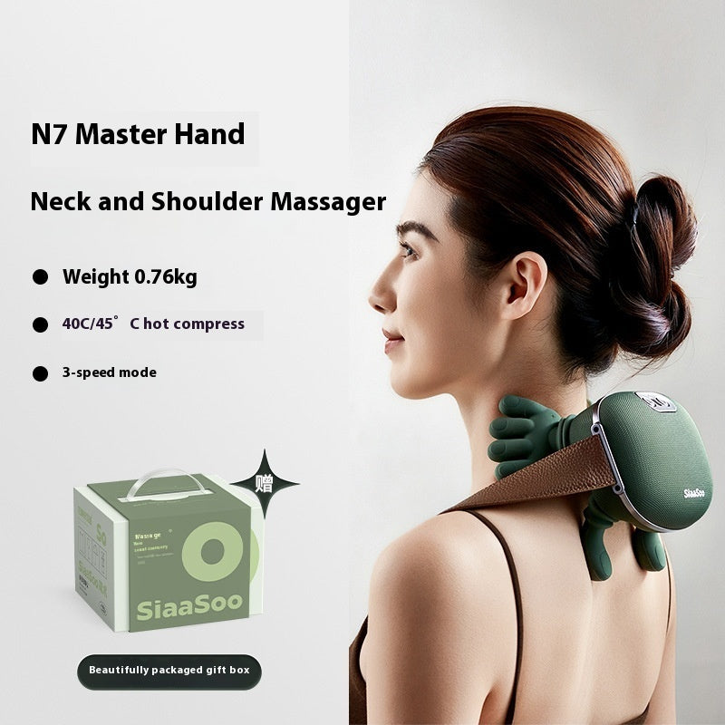 Woman using a neck and shoulder massager with product details on a white background