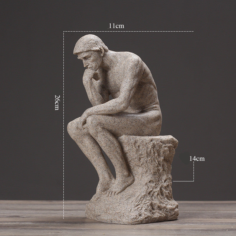 Statue of a thinker with dimensions labeled on a dark background