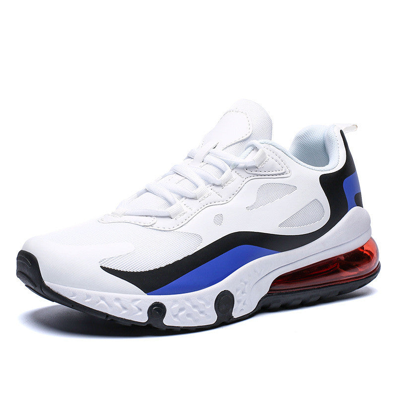 White sneaker with blue and black accents on a white background