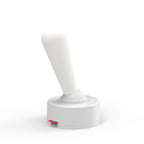 White joystick-like device with a red button on a white background