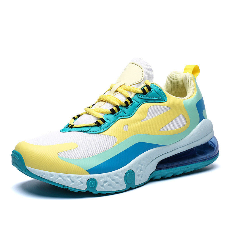 Multicolored sneaker with yellow, blue, and white design on a white background