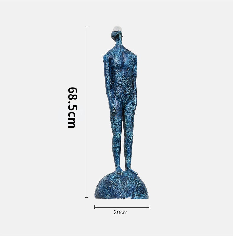Blue abstract sculpture with dimensions on a white background