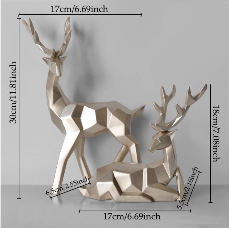 Geometric deer sculptures with measurements on a gray background