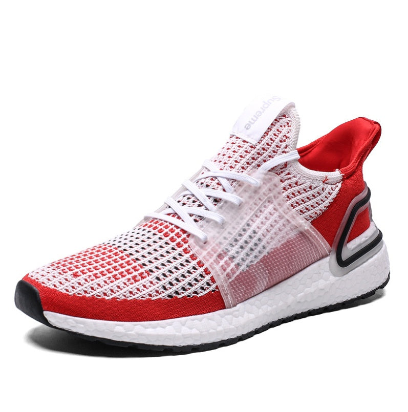 Red and white sneaker with black sole on a white background