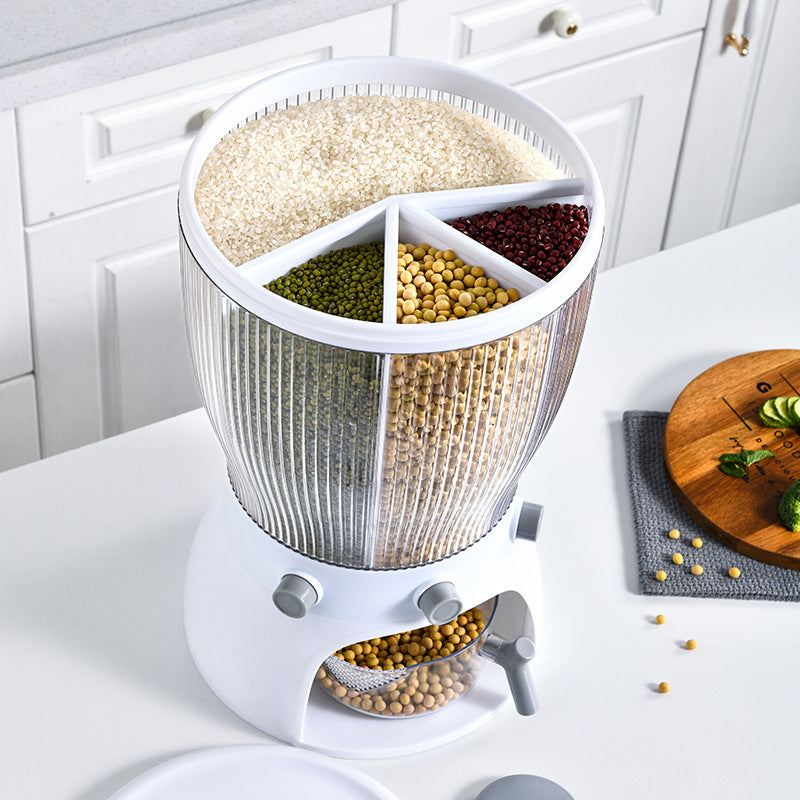 Kitchen food processor with various grains on a white countertop
