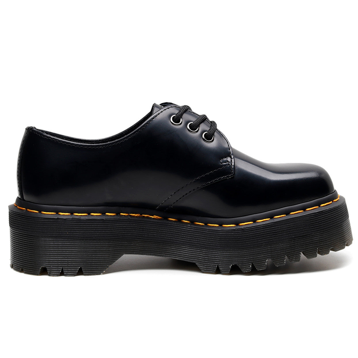 Black leather shoe with a white background