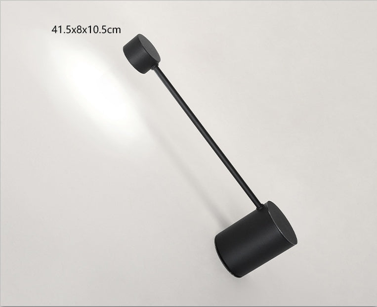Black wall-mounted light fixture on a white background with dimensions displayed.