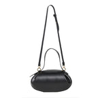 Black handbag with a strap on a white background