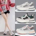 Collage of white sneakers with gray and blue accents, worn by a person.