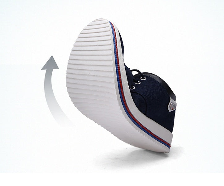 Navy blue sneaker with white sole on a white background