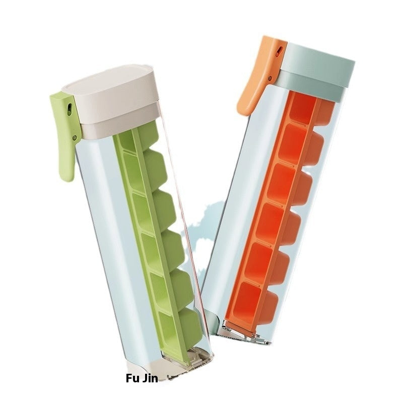 Two colorful ice cube trays with green and orange compartments on a white background.