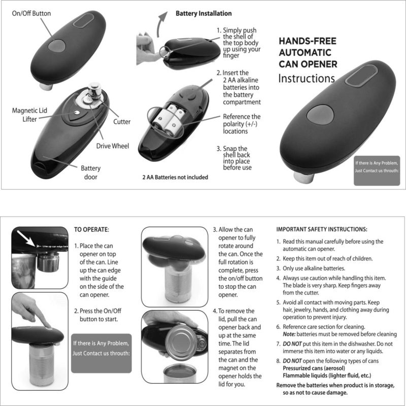 Hands-free automatic can opener with installation and usage instructions on a white background