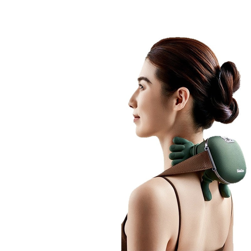 Woman using a green neck and shoulder massager on a white background