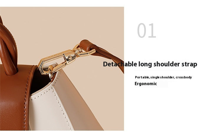 Brown handbag with a detachable long shoulder strap on a beige background