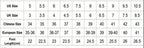 Table showing size conversions between US, UK, Chinese, and European sizes with foot length measurements.