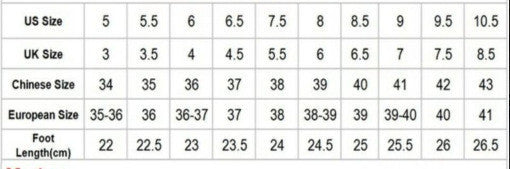 Table showing size conversions between US, UK, Chinese, and European sizes with foot length measurements.