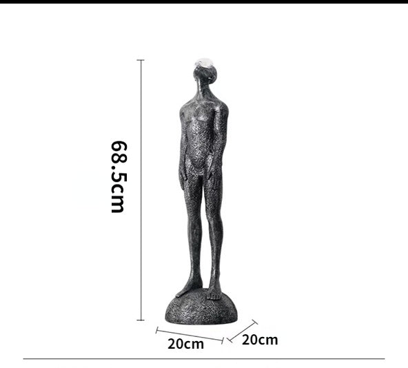Statue of a person with dimensions labeled on a white background