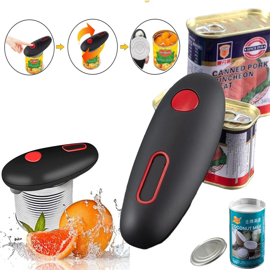 Black can opener with red buttons next to canned goods and oranges on a white background