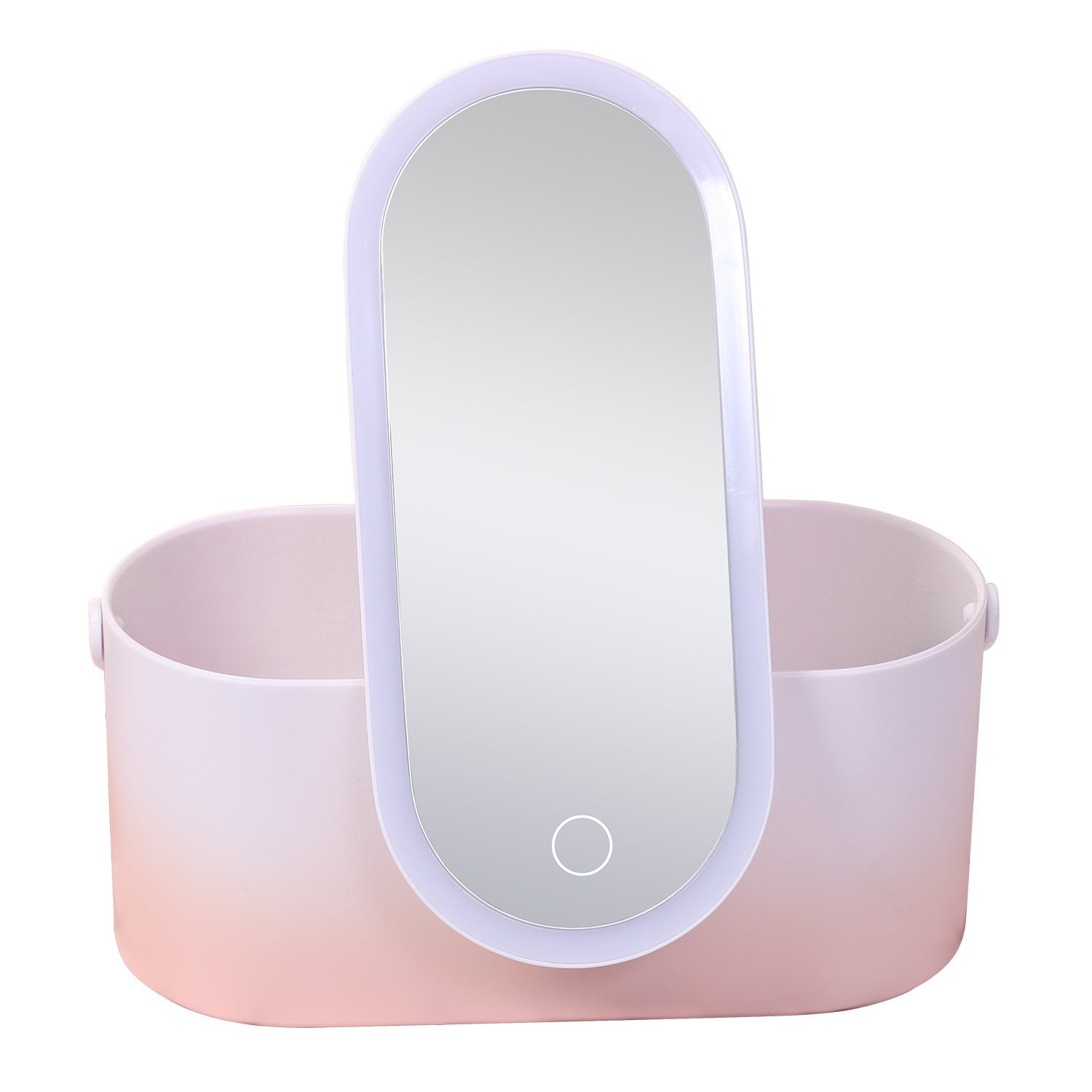 Pink handheld mirror with light on a white background