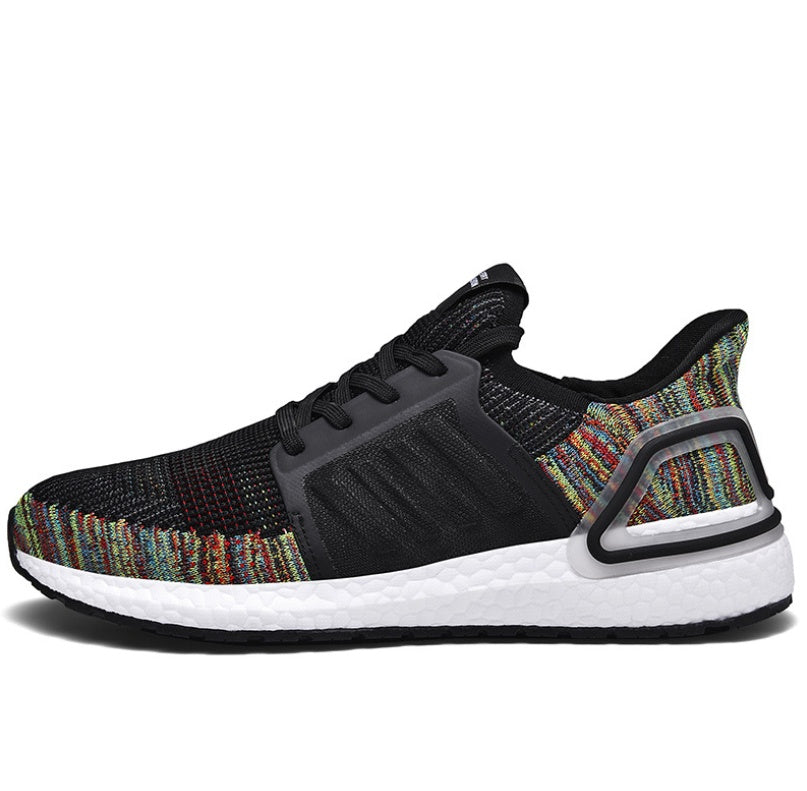 Multicolored sneaker with black and white accents on a white background