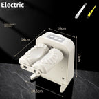 White electric dumpling maker with dimensions on a black background