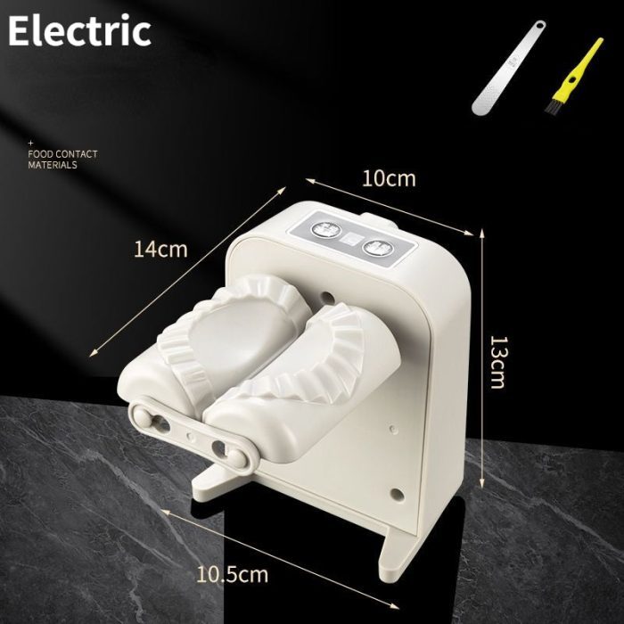 White electric dumpling maker with dimensions on a black background