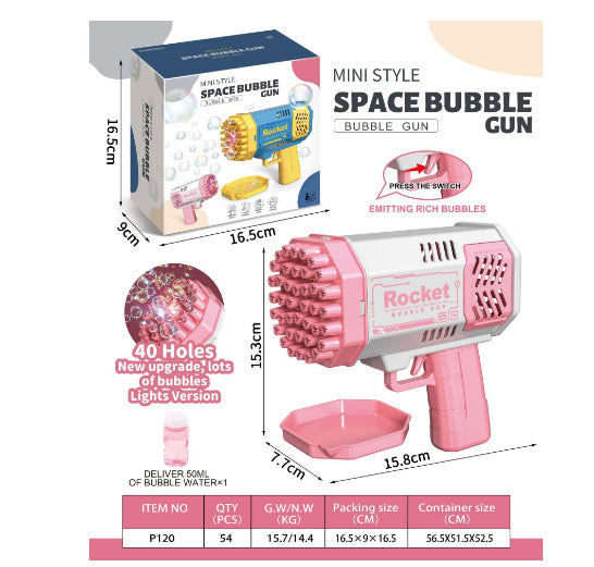 Pink space bubble gun with packaging and specifications on a white background