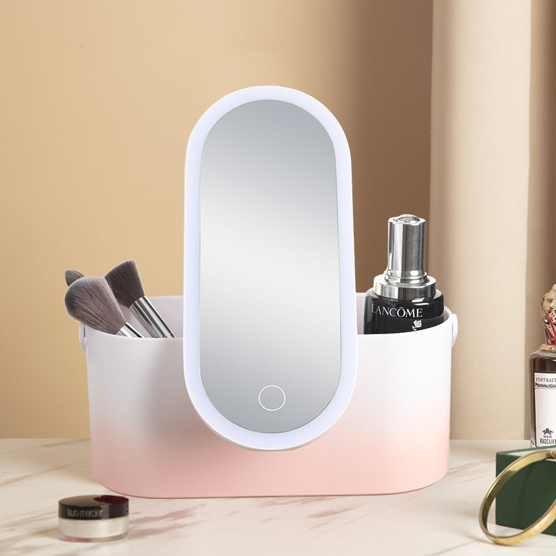 Makeup mirror with LED light and cosmetic items on a beige background