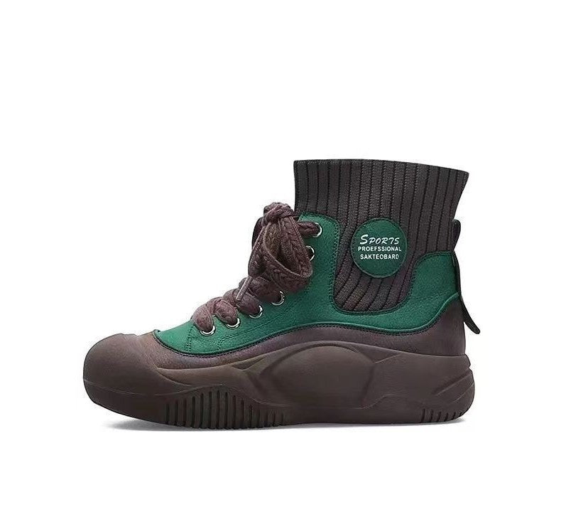 Green and brown high-top sneaker with brand logo on a white background