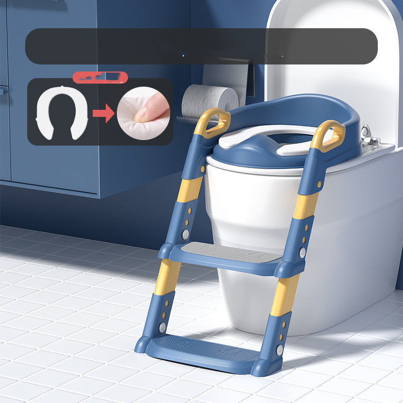 Blue and yellow step stool with seat attached to a toilet in a bathroom setting.