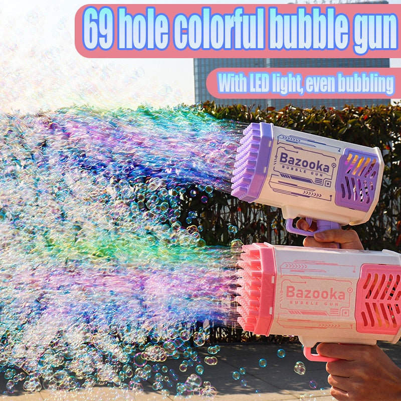Bazooka bubble gun with colorful bubbles and LED light, held by a person.