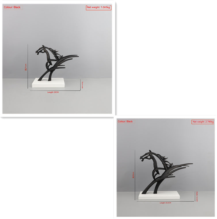 Black horse sculpture on a gray background with measurements indicated.