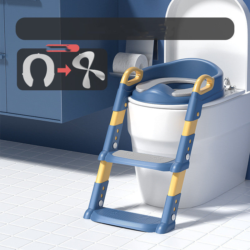 Blue and yellow step stool with seat attached to a toilet in a bathroom setting.