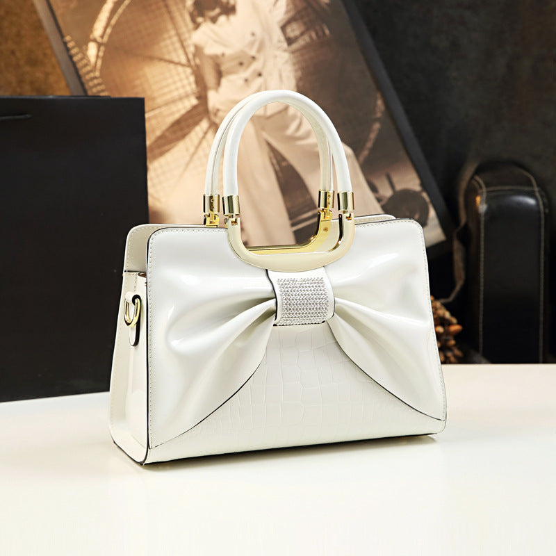 Elegant Bow Charm Glossy Tote – Premium PU Satchel