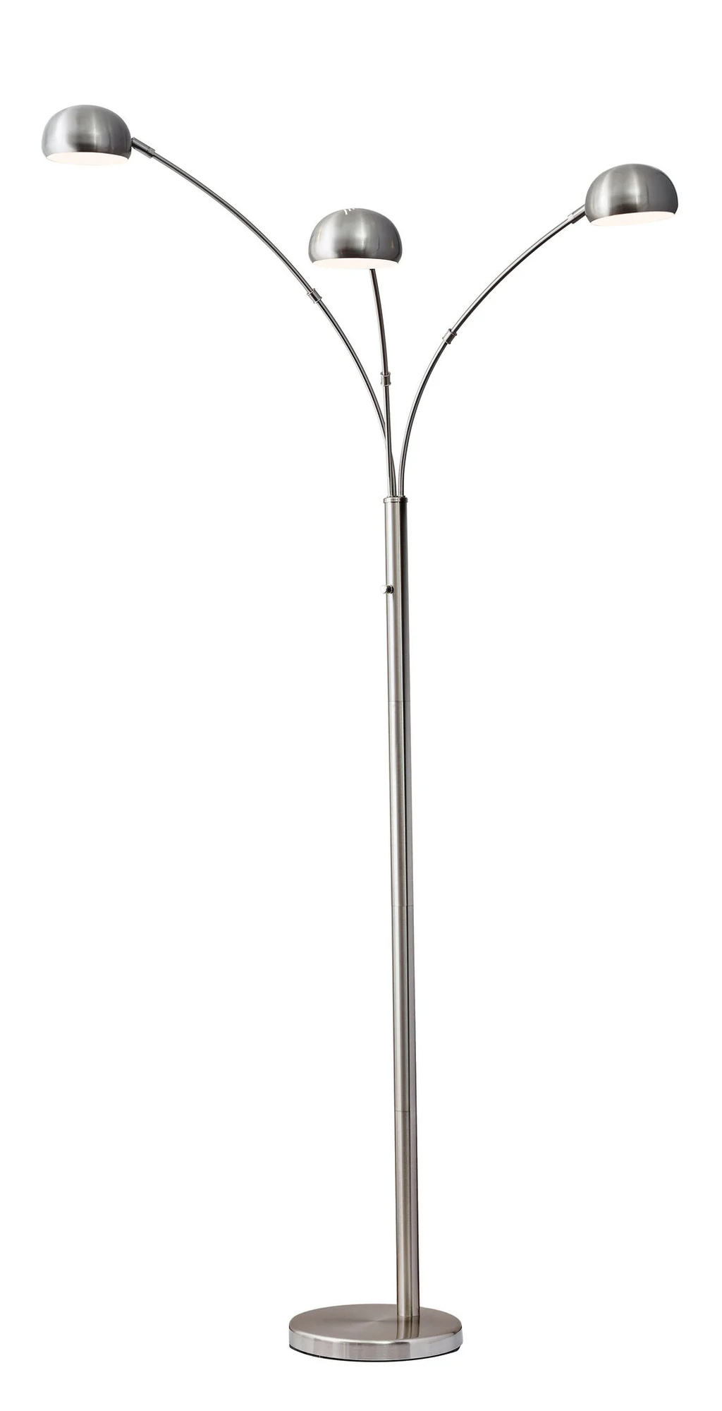 Three-arm floor lamp with silver finish on a white background