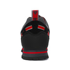 Black and red athletic shoe on a white background