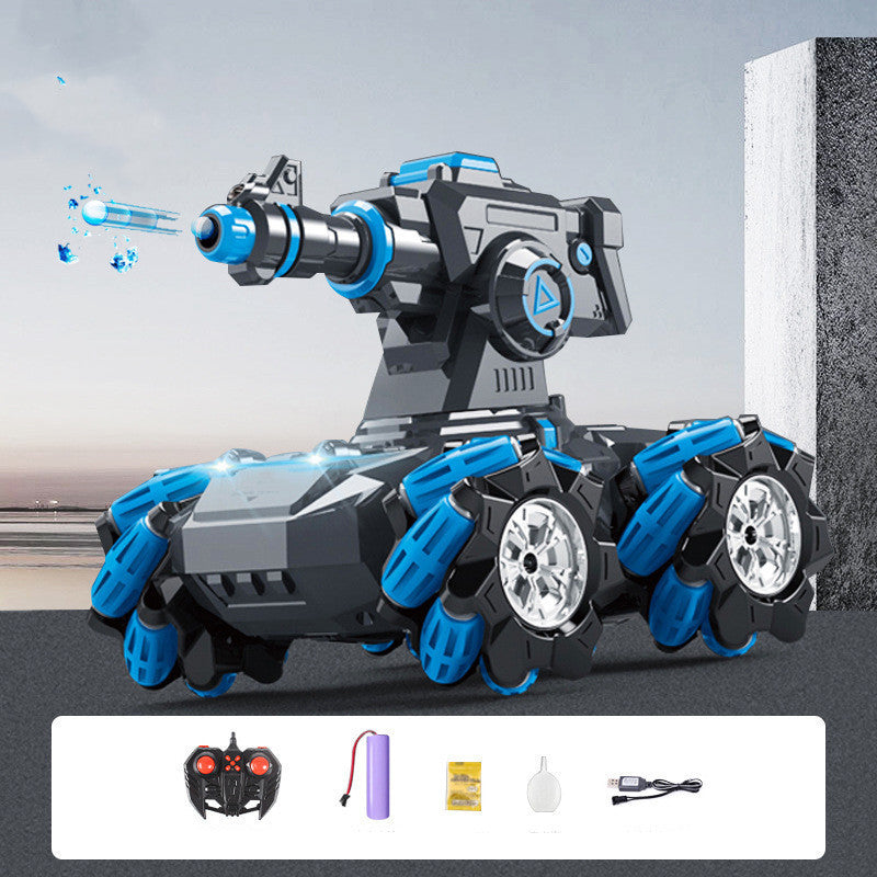 Toy robot with blue and gray design on a gray background, featuring remote control and accessories.