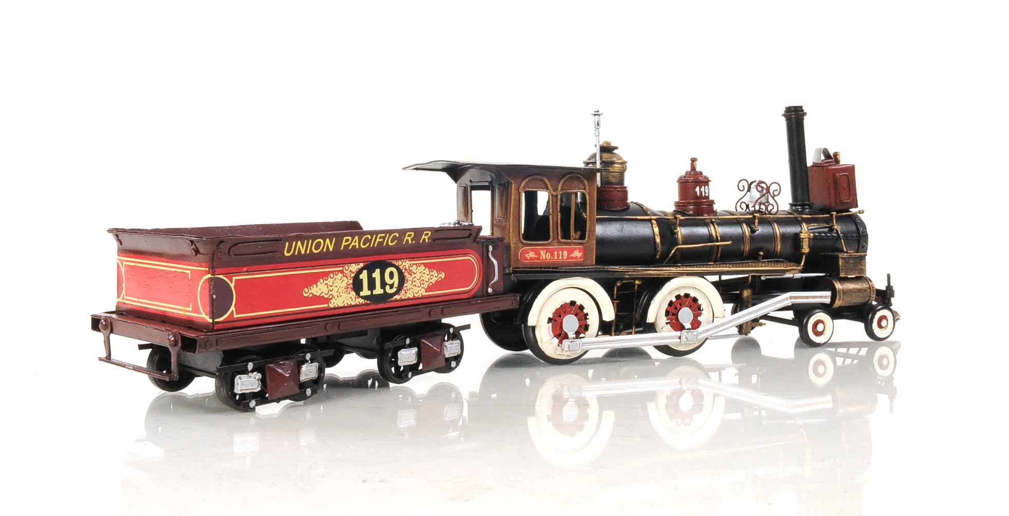 Model train with 'Union Pacific R.R.' branding on a white background