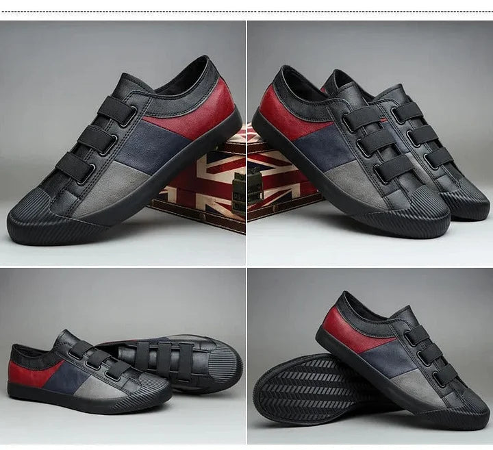 Black and red sneakers with velcro straps on a gray background