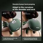 Green neck and shoulder massager with massage heads on a person, labeled 'SiaaSoo'.