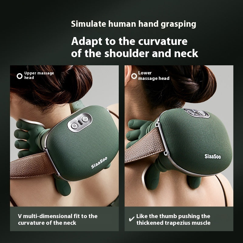 Green neck and shoulder massager with massage heads on a person, labeled 'SiaaSoo'.