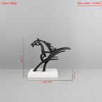 Black horse sculpture on a white base with measurements and weight information on a gray background