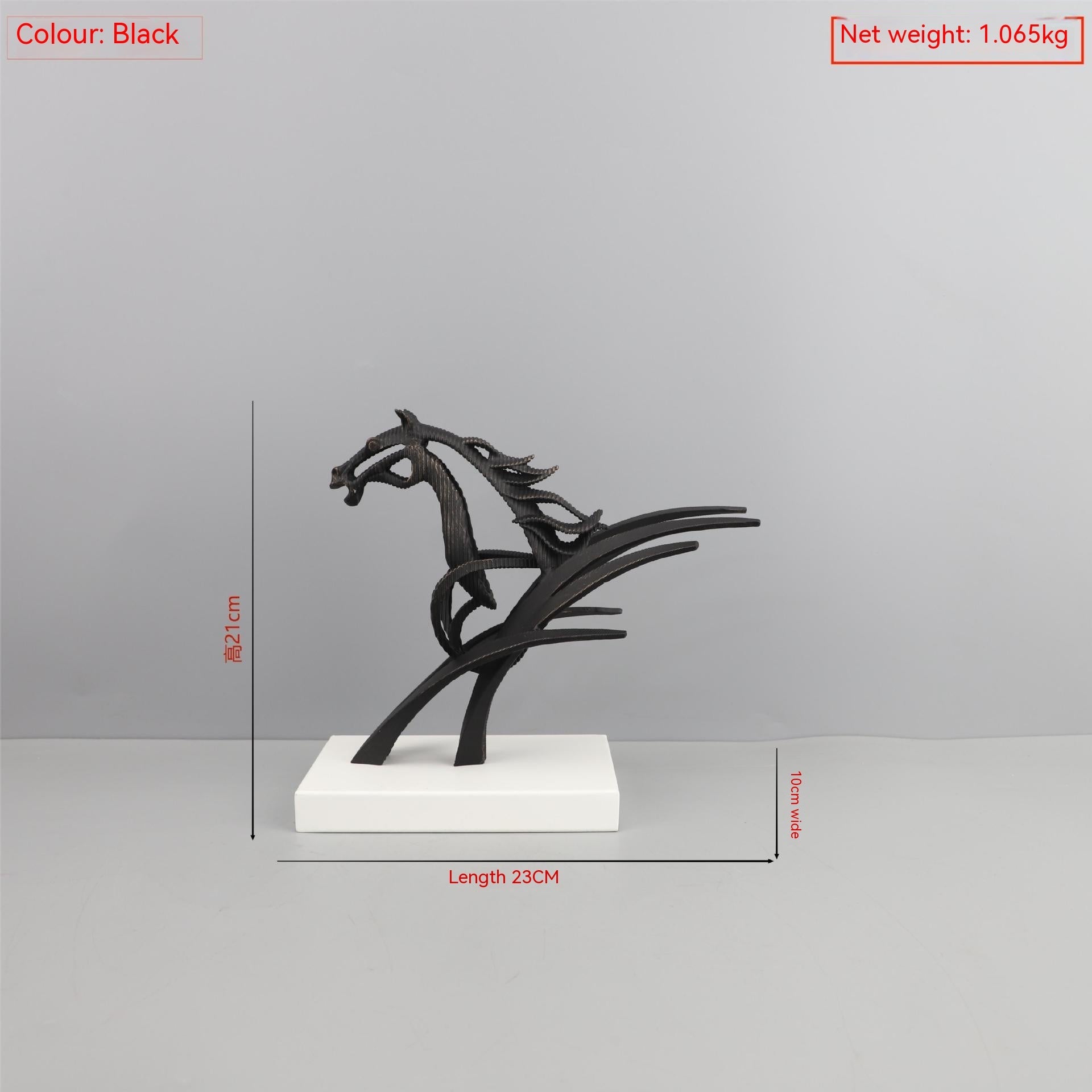 Black horse sculpture on a white base with measurements and weight information on a gray background