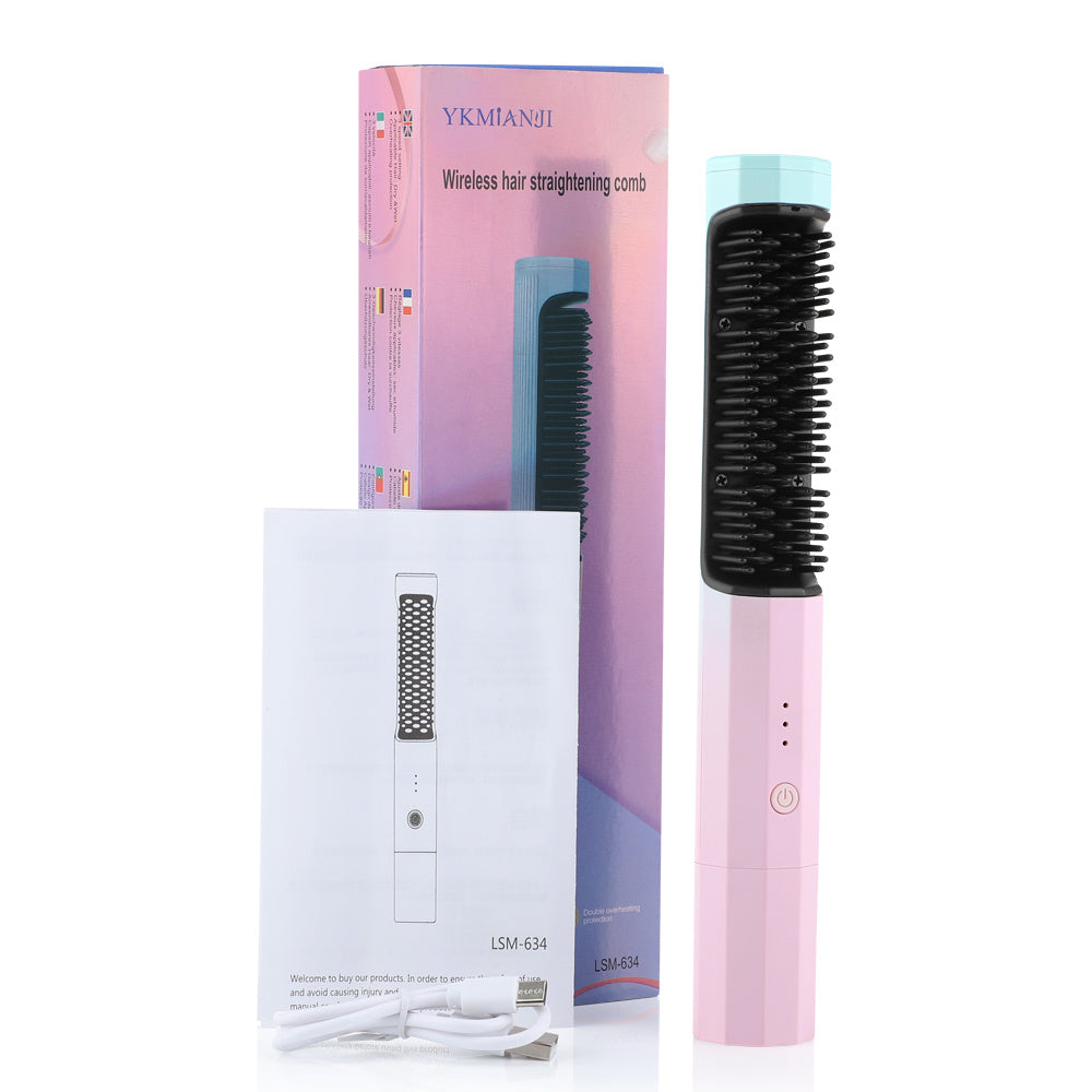 Wireless hair straightening comb with packaging on a white background