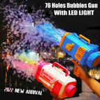 Toy bubble gun with LED light效果, labeled '76 Holes Bubbles Gun With LED LIGHT' and '2022 New Arrival'.
