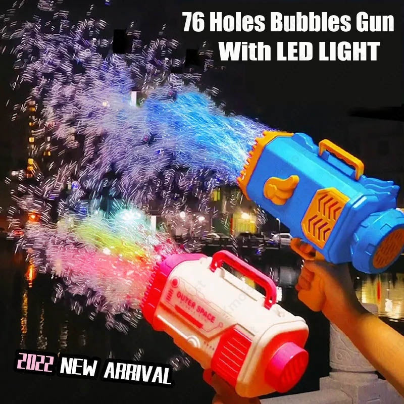 Toy bubble gun with LED light效果, labeled '76 Holes Bubbles Gun With LED LIGHT' and '2022 New Arrival'.